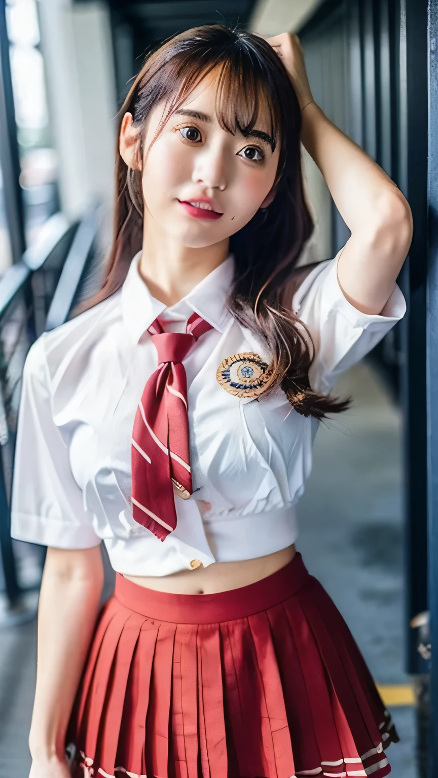 red panties wearing a white collar shirt(I can catch a glimpse of a high school girl、navy pleated mini skirt)、Big Breasts、has legs open、Polyester uniform