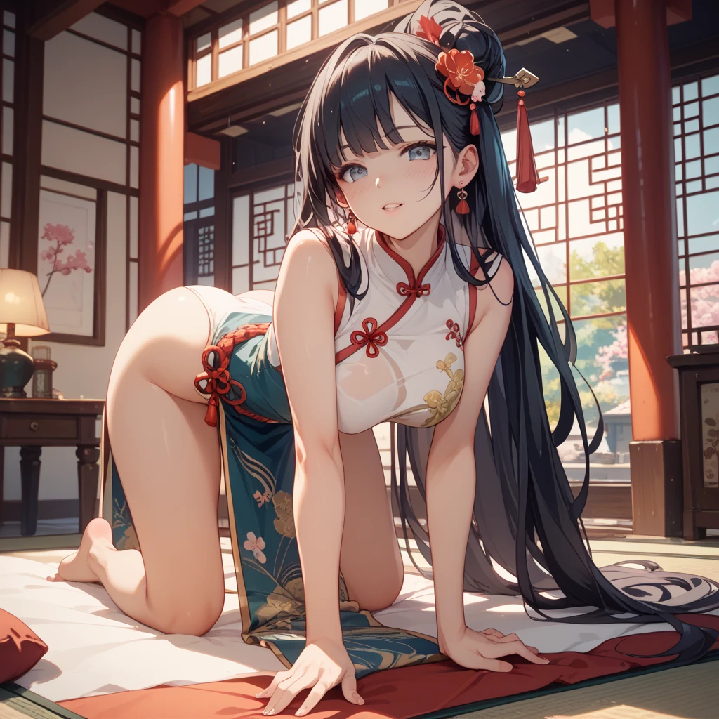 beautiful girl、Big Breasts、Black Hair、Long Straight、Great style、Nice body、Muscular、Abdominal muscles、Beautiful buttocks、Toned Legs、Completely naked、nude、pubic hair、The whole body is visible、Hairpin、Discarded clothes、Kimono left behind、Japanese-style building、Pleasure、night、Japanese-style room、pillow、futon、futonの上にseiza、seiza、One girl、blush、smile