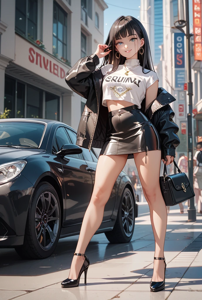 masterpiece, Highest quality,dnfSpectre, Earrings, Cleavage, Black jacket, Black leotard, pantyhose, Black gloves, sunglasses, night, Abandoned City, Large Breasts,(NSFW:1.0),((Long white hair))