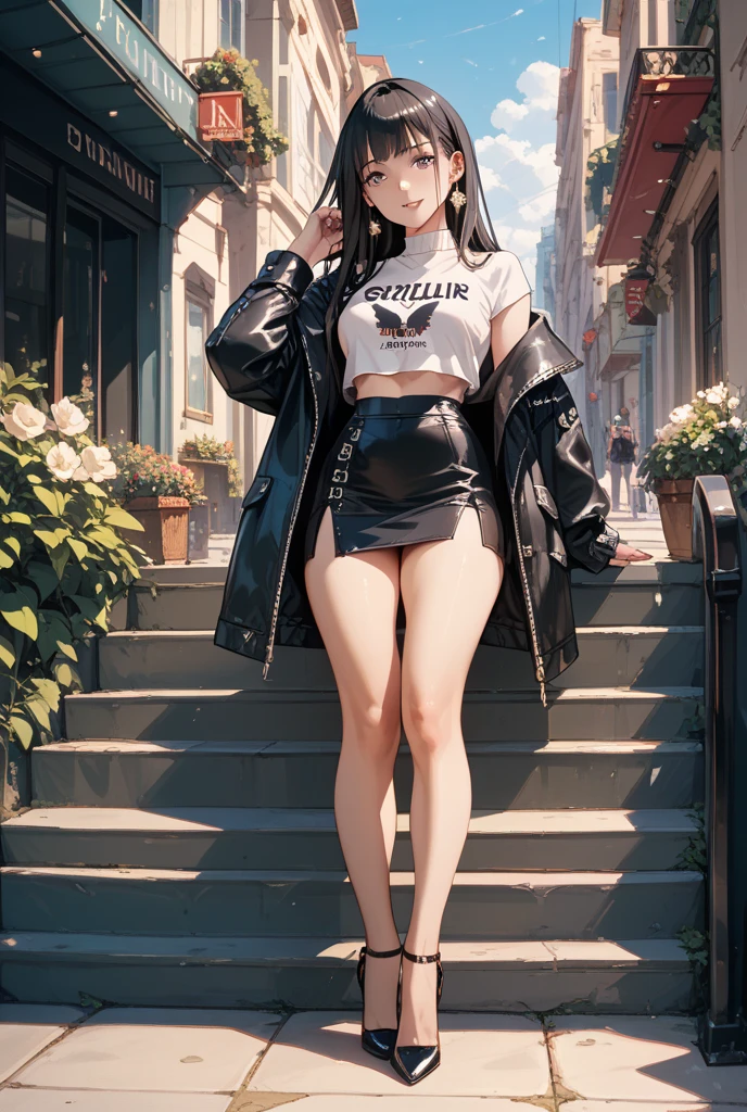 (masterpiece:1.2, Highest quality), (1 Female, alone), Buzz cut hairstyle with ponytail, Extra Large, Black leather jacket, Pair it with skinny jeans and combat boots, black choker necklace, (Look at people with harsh eyes:1.5),(Biting your own lip:1.1),(anger:0.9),Red nose,(Shameful:1.2), orgasm face , skirt lift , show off pink panties ,surprised,flock of black birds, shine under dim streetlights in the dark alley, all fours, low angle, full body