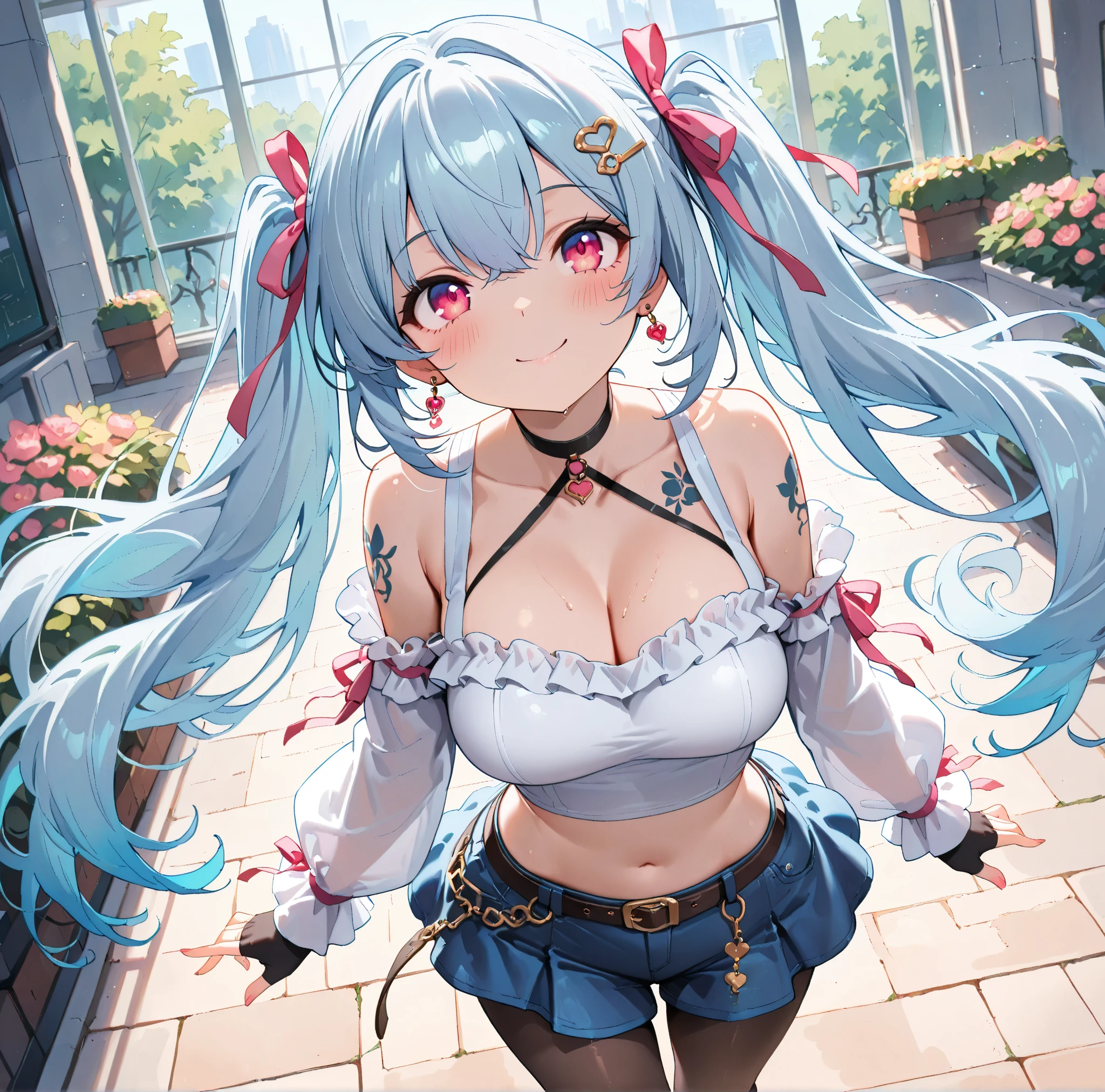 最high quality,table top,1 girl,hatsune miku, Red eyes like jewels,amber eyes、ponytail, magic , Princess, adventurous girl, bright amber red hair color、OK, Condescending expressions、nymphomaniac, high heel boots, gloves, zettai ryouiki, earrings, natural otaku, crown, moonlight,under the moon,At night,full body shot、((holding a jewel-like bouquet),Large bouquet、プレゼントbouquet、The moment you give your husband a bouquet of flowers、I'I'm very happy、masterpiece, high quality, High resolution, alone、(masterpiece:1.6、最high quality), (OK and beautiful eyes:1.2), 1 girl, room、perfect hands、blush、look up(masterpiece:1.6、最high quality), (OK and beautiful eyes:1.2), 1 girl, Report, underwear、Short T-shirt that shows your belly button、amber skirt、perfect hands,(((shoot from below)))、be quiet, From above,Both thighs are thick, shaggy,renting a room in a mansion,Balloons flutter,bouquet,100 Roses、Rose、Rose