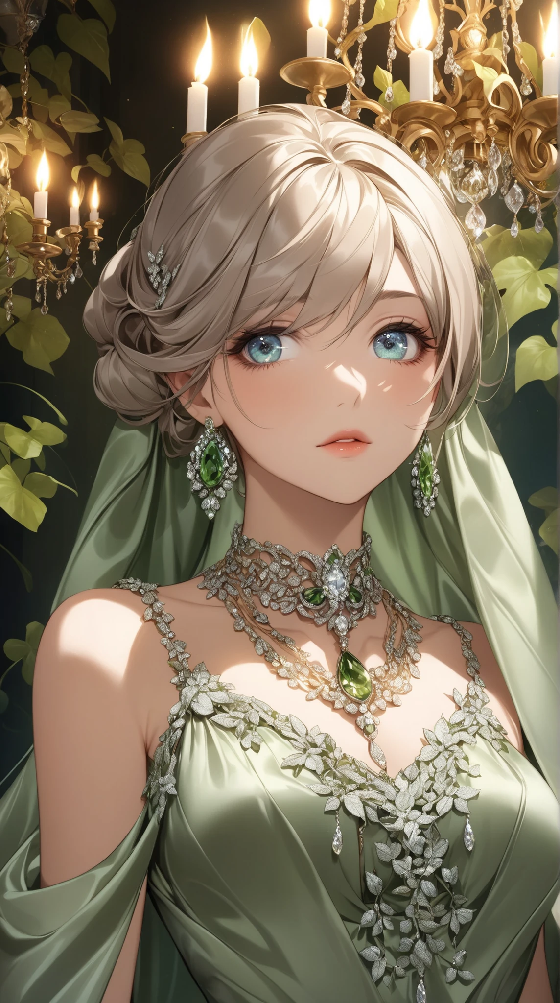 (((perfect quality, perfect anatomy, perfect body, beautiful, masterpiece, ultra detailed, 32K))), 1girl, 17 years old, (shiny silver hair), (Airy bob cut, bang between eyes, beautiful hair, glossy silver eyes, beautiful eyes, twinkle eyes, large breast), 1 beautiful girl, cute face, beautiful face, pretty face, beautiful, best quality, good anatomy, shiny skin, BREAK 
(Draconic Majesty-inspired dress, featuring elements of dragon scales and fire, with a color palette of emerald green and bronze:1.2),
(dress has a fitted bodice with a high neckline, adorned with intricate scale patterns in shimmering emerald and bronze thread, sleeves are long and dramatic, with flame-like appliques in metallic fabric),
(skirt is floor-length with a mermaid silhouette, crafted from layers of silk and organza, creating a flowing effect that mimics the movement of dragon wings, hemline is embellished with beadwork and fiery motifs:1.2),
(Accessories include a bronze tiara with dragon motifs and matching earrings, completing the regal and mystical look), BREAK Ballroom in a top-of-the-line hotel, SimplePositiveXLv2