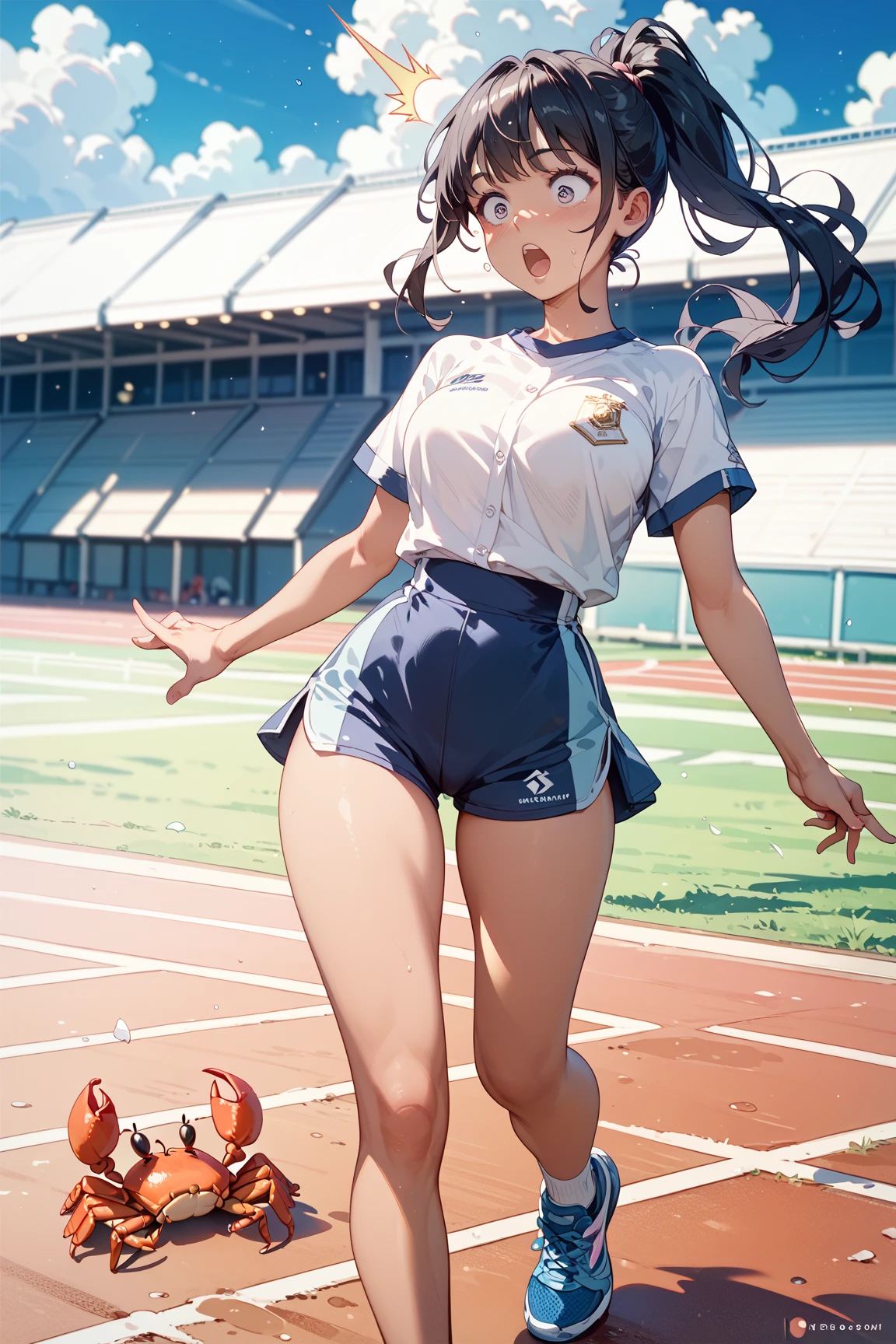 (solo short girl standing on school field), (very short tight brm), gym uniform, (bending back:1.3), (show off cameltoe for viewer:1.3), bouncing unaligned large breasts