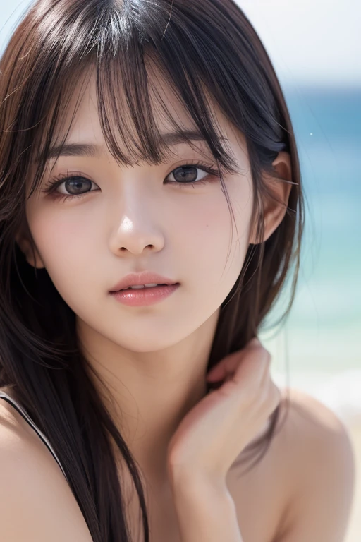 ((Japanese beautiful girl)), Delicate skin, Detailed Description, Beautiful Eyes, Calm scenery, Beautiful beach with a promenade, Fluffy white clouds in a blue sky, The sound of waves crashing on the shore, A summer breeze carrying the scent of the season, Bright sunlight emitting a warm glow, Smiling Girl, Flowing Hair, (Highest quality, 4K, 8K, High resolution, masterpiece: 1.2), Very detailed, (Realistic, Realistic, Realistic: 1.37), Detailed facial features, Beautiful attention to detail, Beautiful lip detail, Beautiful breasts, Very detailed目と顔, Long eyelashes, Calm, quiet, peaceful, Idyllic, Warm colors, Golden Hour Lighting, Cinematic, dream-like, Nostalgia, landscape, Natural light, (Gaze at the viewer, blush:1.2)