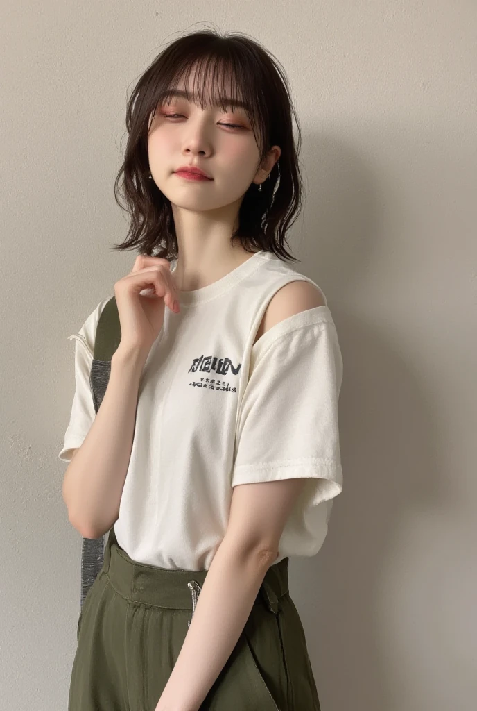 (1girl:1.3), solo, __body-parts__, Kim Ji-ni Jennie face, wearing white T-shirt, vintage, khaki loose floral sweater, cute, khaki pants, badge decoration, background solid color interior
