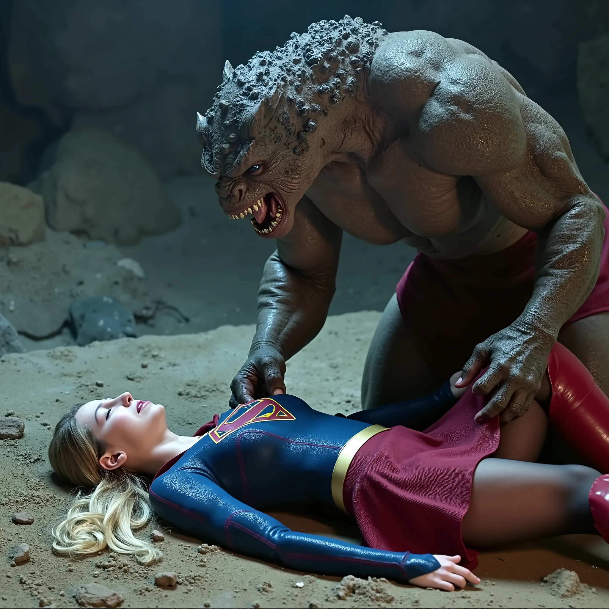 Supergirl is lying flat on the dirt, very bright white skin, can see whole body, She is wearing a thin black pantyhose, very short red skirt, flipped up skirt, red knee height long boots, blonde hair, unconsciousness, eyes close, painful face, a fierce monster is kneeling, it is bending over to Supergirl body, left hand is under her skirt, right hand is grabbing her neck, photorealistic, hyperrealism, night time, underground cave,