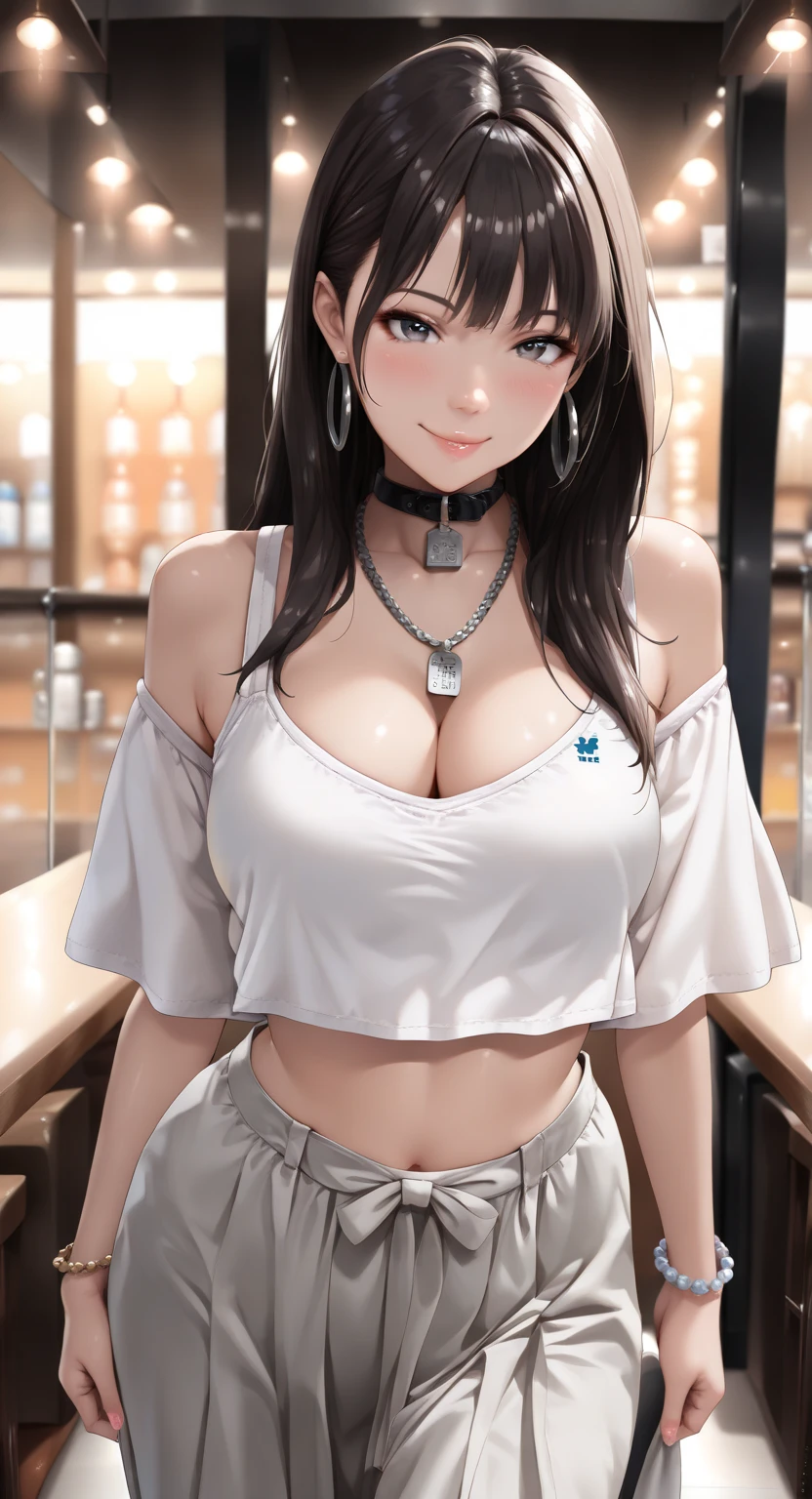 4K, A high resolution, Best quality at best, tmasterpiece, perfect colors, perfect shadow, perfect litthing, ((sportrait)), bright green eyes，With round lenses, The audience watched carefully, (s face: 1.2), Perfect female figure， ((90s crop top)), ((looking and shy at viewert)), (Perfect thick white eyebrows) Delicate fur, 详细s face, s the perfect shy face, At a  in an coffee shop , (Drink a glass of coffee standing), Comfortable background, perfect  decoration, lighting atmosphere, ((Bonifasko lighting)), (The round lenses on his eyes)(詳細な目), Perfect student