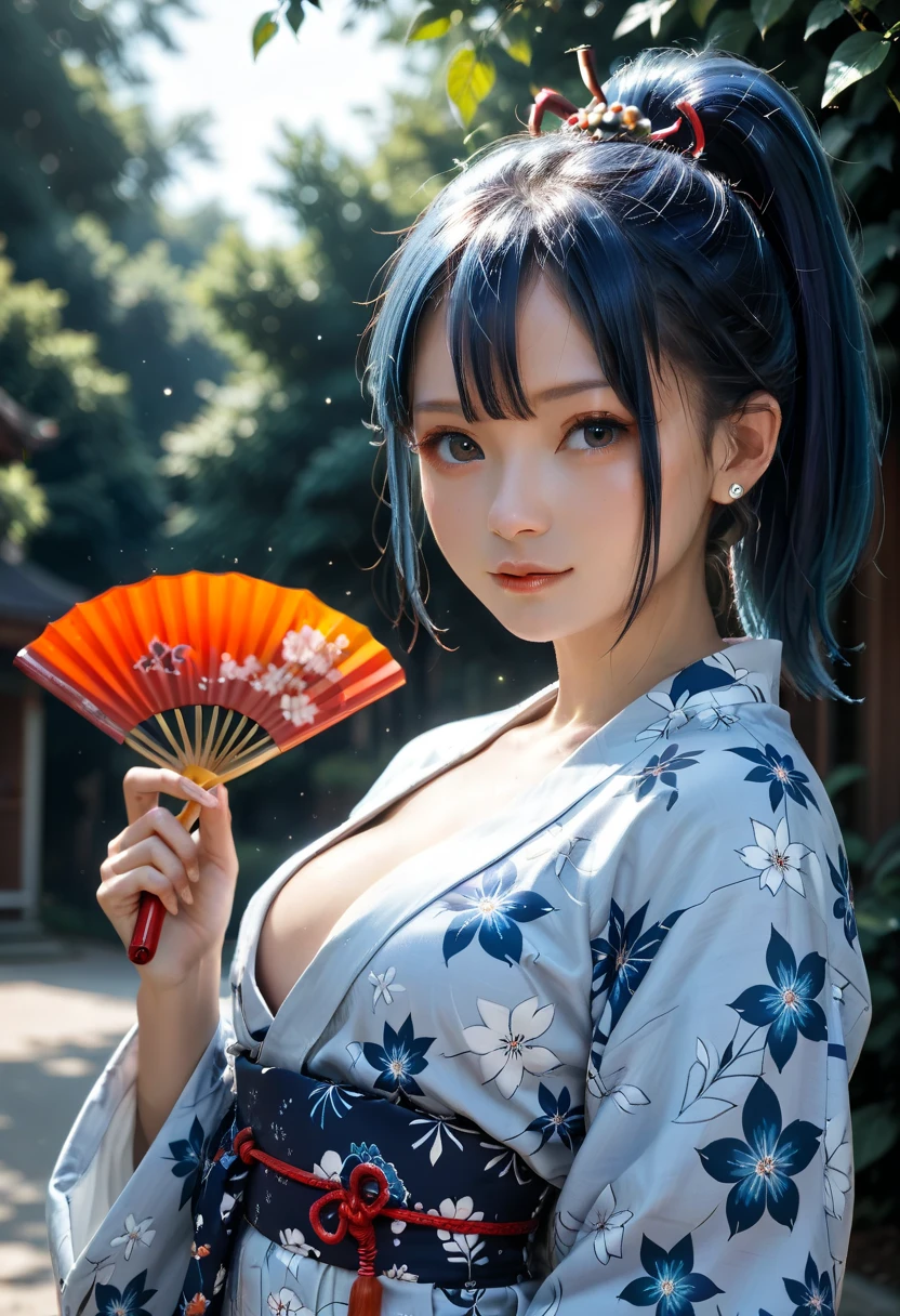 huge tit、masterpiece, (reallistic:1.4), Live Action、cute little、a beauty girl、idol、realisitic、surrealistic, (((bath robe)))、top-quality, image perfect, 独奏, Japanese garden, byleth(femele), breastplates, blue hairs ,Skysky, Pink glow, florals, floating hearts,Kimono,