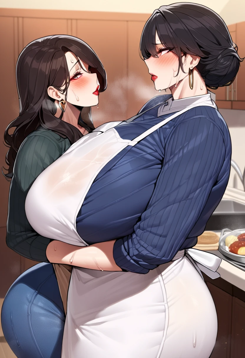 (highest quality:1.2),(Perfect beautiful face:1.2),(Perfect and beautiful posture:1.2),(Three extremely sweaty wrestlers hugging each other in the kitchen,((Sweaty body:1.2), (Thick eyebrows:1.0),(Chubby:0.8), (Wearing a sweaty shirt and apron, (sweat stain:1.3)), The smell of sweat drifts, Beautiful dark eyes,smile, (mature female)