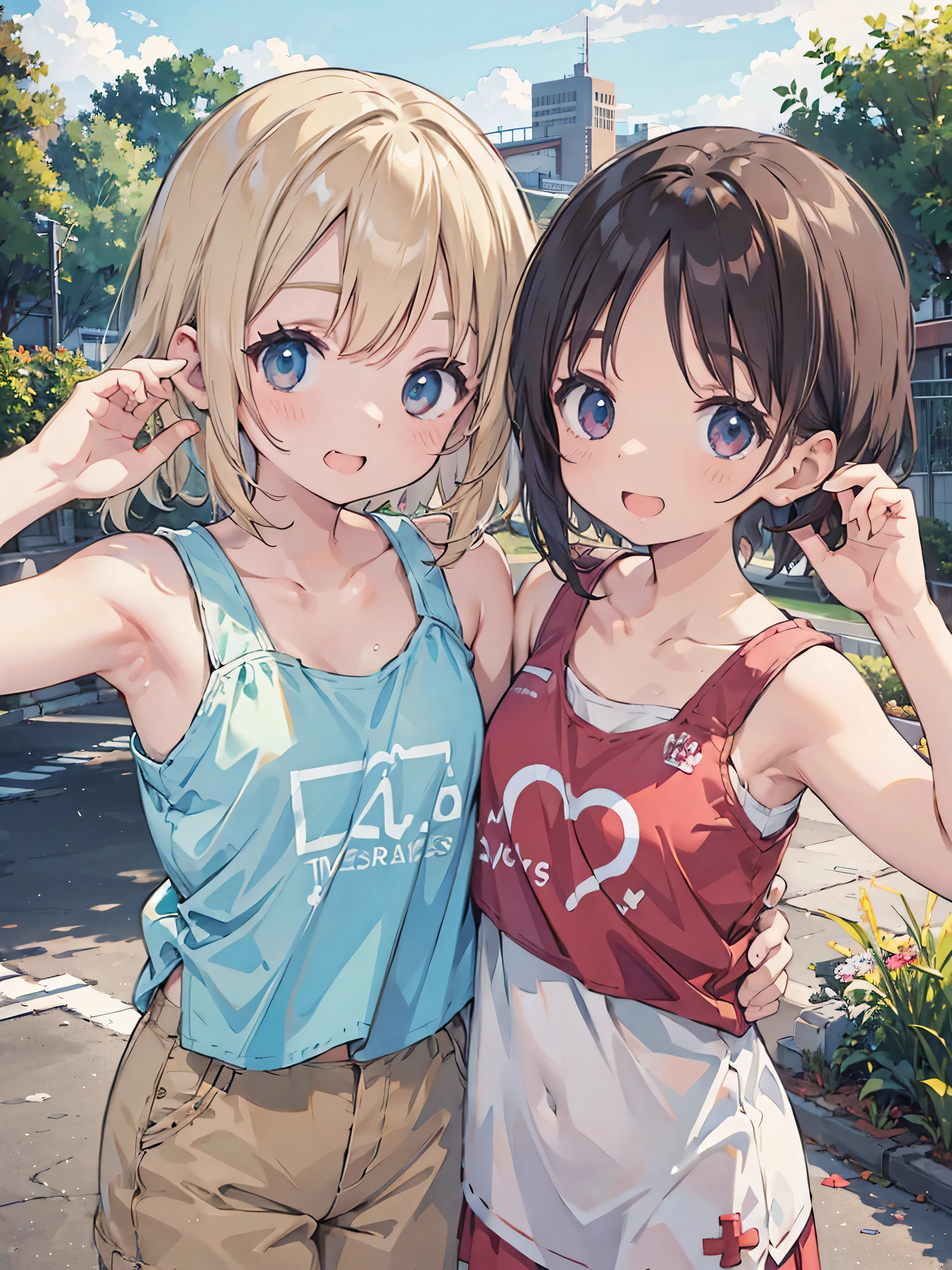 Age 25、HD, masterpiece, ((tank top t-shirt)), (pastel west cross ), red cheeks, best quality, smile, ( Medically Accurate ),((classmates)), staring at the camera,show your teeth and laugh, country road