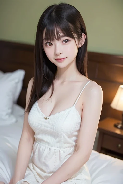 (masterpiece, realistic, photo-realistic:1.2), finely detail, ultra high res, perfect anatomy, best quality, 8K, soft focus, upper body shot, (happy smile:1.3), (1girl, 15yo Japanese girl, height 1.5meters:1.2), (elaborated lace bra, mini skirt with checked patterns:1.2), (sitting on bed, leaning forward, hands on knees, focus on breasts:1.2), (black straight hair, middle length hair, blunt bangs:1.2), beautiful detailed face and big eyes, (white and smooth skin, glowing fair skin:1.3), (pointed huge breasts, gigantic breasts:1.3), (bloom, detailed background, beautiful luxury bedroom, superb view:1.2),