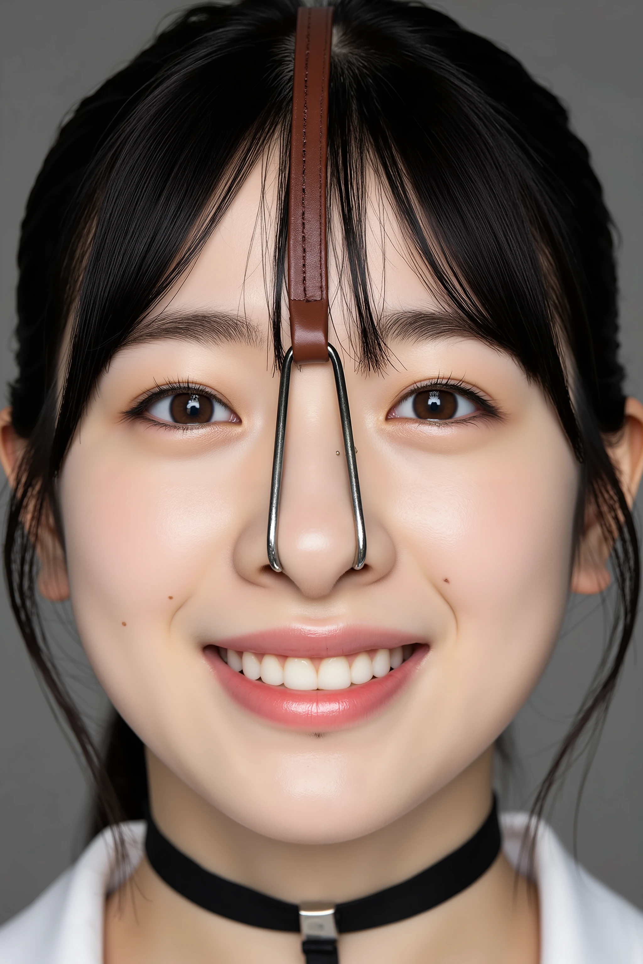 A high resolution photograph of a Japanese young woman, masterpiece, photo-realistic, natural lighting, film grain, portrait, fashion shoot, solo, 1girl, clothed, black hair, detailed face, detailed eyes, sophisticated nose, pale skin, fine-textured skin, (nose hook with strap wrapped around top of her head, collar, open mouth:1.2), smile, looking up at the camera, facing up, face focus, close-up of face, front view, (view from below), simple background,