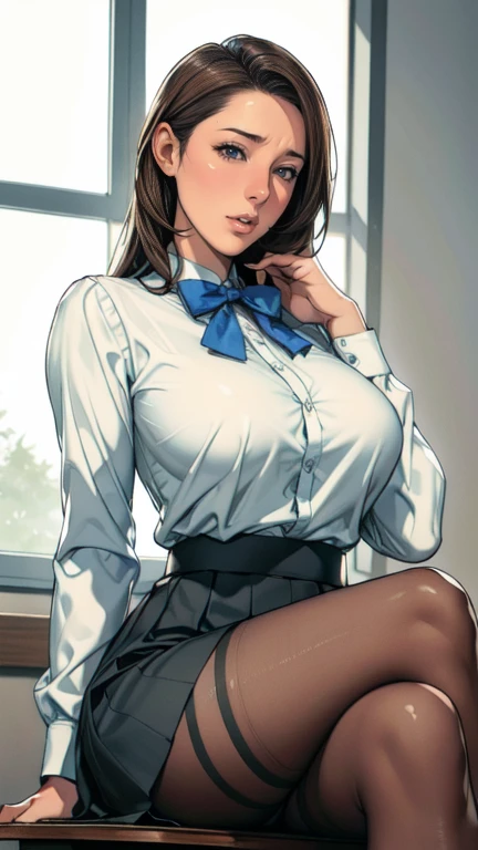 highest quality, table top, beautiful mature women、beautiful face、Faint-hearted woman、office suit、tight mini skirt、brown haired、brown eyes、long hair、smaller eyes、Looks like a whole body、white panties