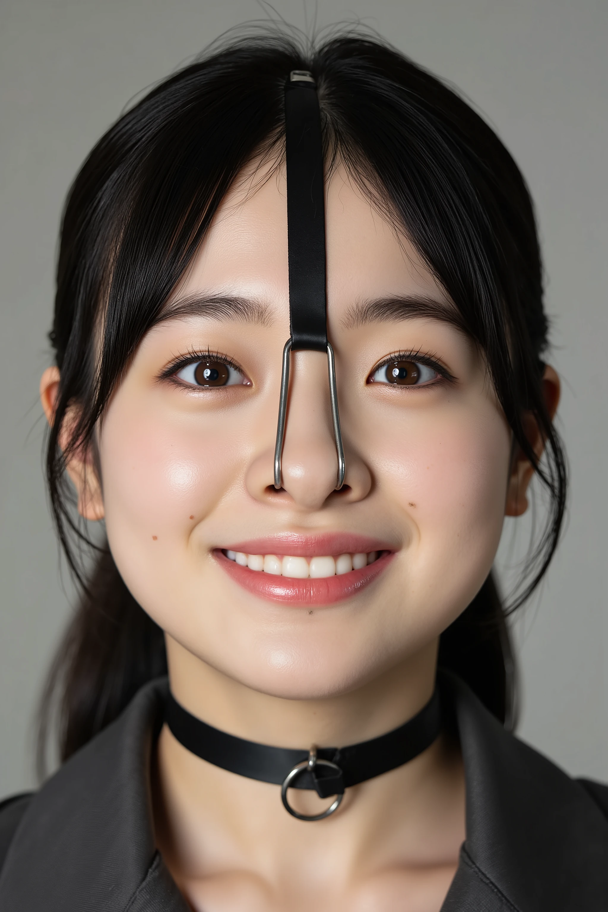 A high resolution photograph of a Japanese young woman, masterpiece, photo-realistic, natural lighting, film grain, portrait, fashion shoot, solo, 1girl, clothed, black hair, detailed face, detailed eyes, sophisticated nose, pale skin, fine-textured skin, (nose hook with strap wrapped around top of her head, collar, open mouth:1.2), smile, looking up at the camera, facing up, face focus, close-up of face, front view, (view from below), simple background,