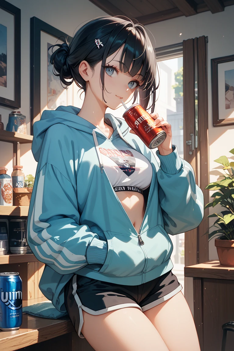 4k, best quality, realistic, detailed, 1girl and 1boy, heart hands. A boy in a hoodie and a high school girl in a sweater. The high school girl has huge breasts and shows her cleavage from the sweater. Both of them are shy and red-faced as they play heart hands. Sitting in a coffee shop and drinking a hot drink