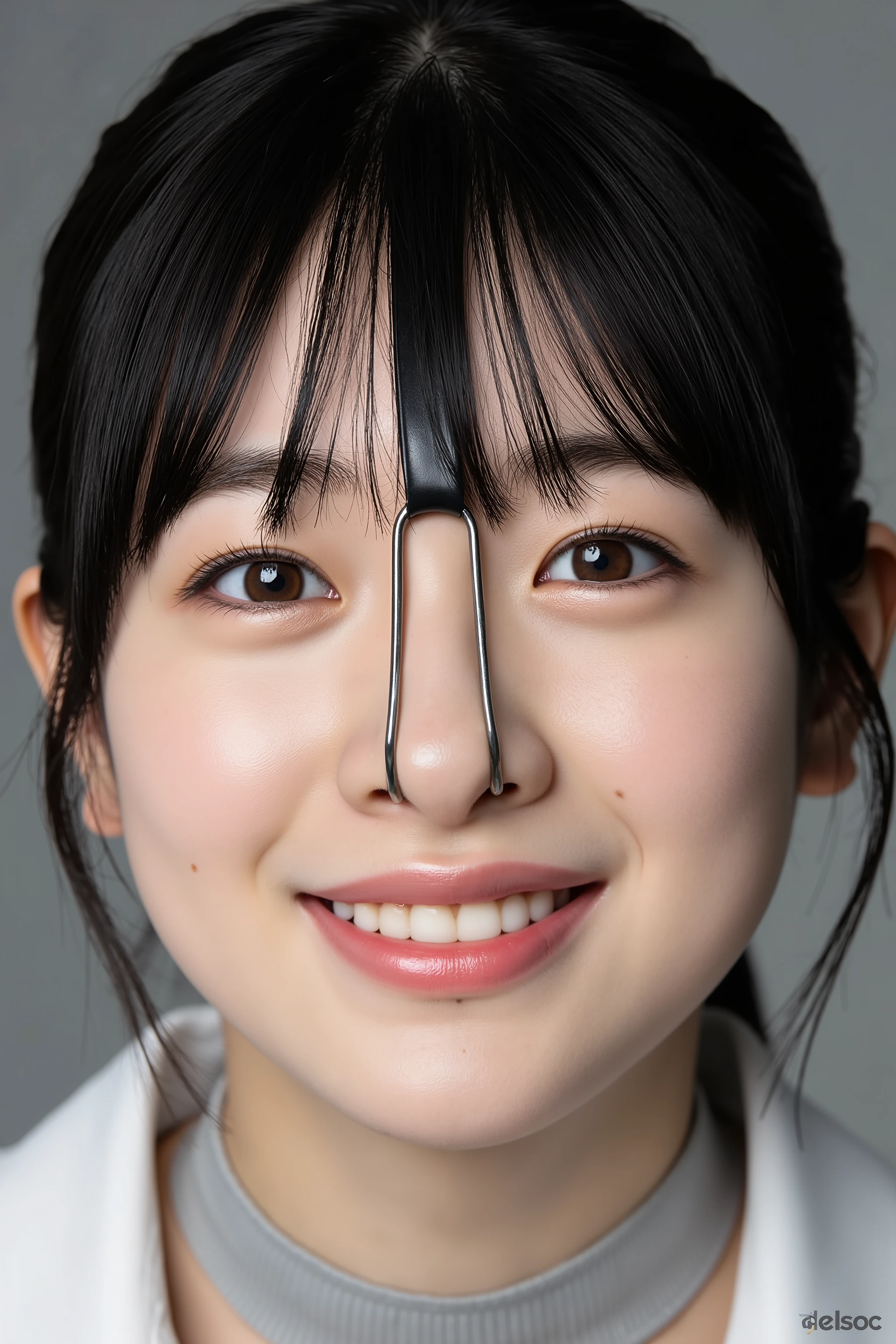 A high resolution photograph of a Japanese young woman, masterpiece, photo-realistic, natural lighting, film grain, portrait, fashion shoot, solo, 1girl, clothed, black hair, detailed face, detailed eyes, sophisticated nose, pale skin, fine-textured skin, (nose hook with strap wrapped around top of her head, collar, open mouth:1.2), smile, looking up at the camera, facing up, face focus, close-up of face, front view, (view from below), simple background,