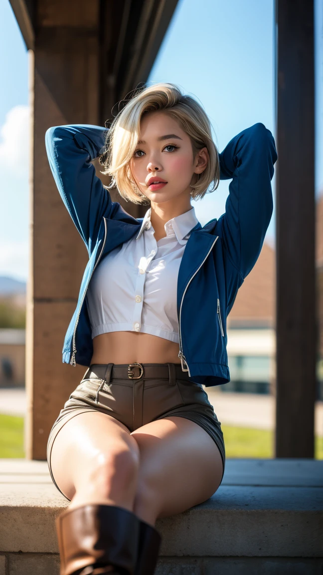 idol,cute,masterpiece,(((spread legs))),uniform,no panties,pussy,(((crack))),woman,(((NSFW))),sitting,chair,stretch her knee,((very short hair)),visible pussy,slender,flat chest,neck ribbon,(((loose wide hem))),(((leaning back))),(((very wide hem hot pants))),(((show off pussy))),((NSFW)),exposed navel,(((kagamine rin))),visible hip,hip slip from hem,pussy slip from hem,blonde hair,white ribbon,denim hot pants,pussy slip from pants,low rise pants,visible lower abdomens,visible pubic hair,
