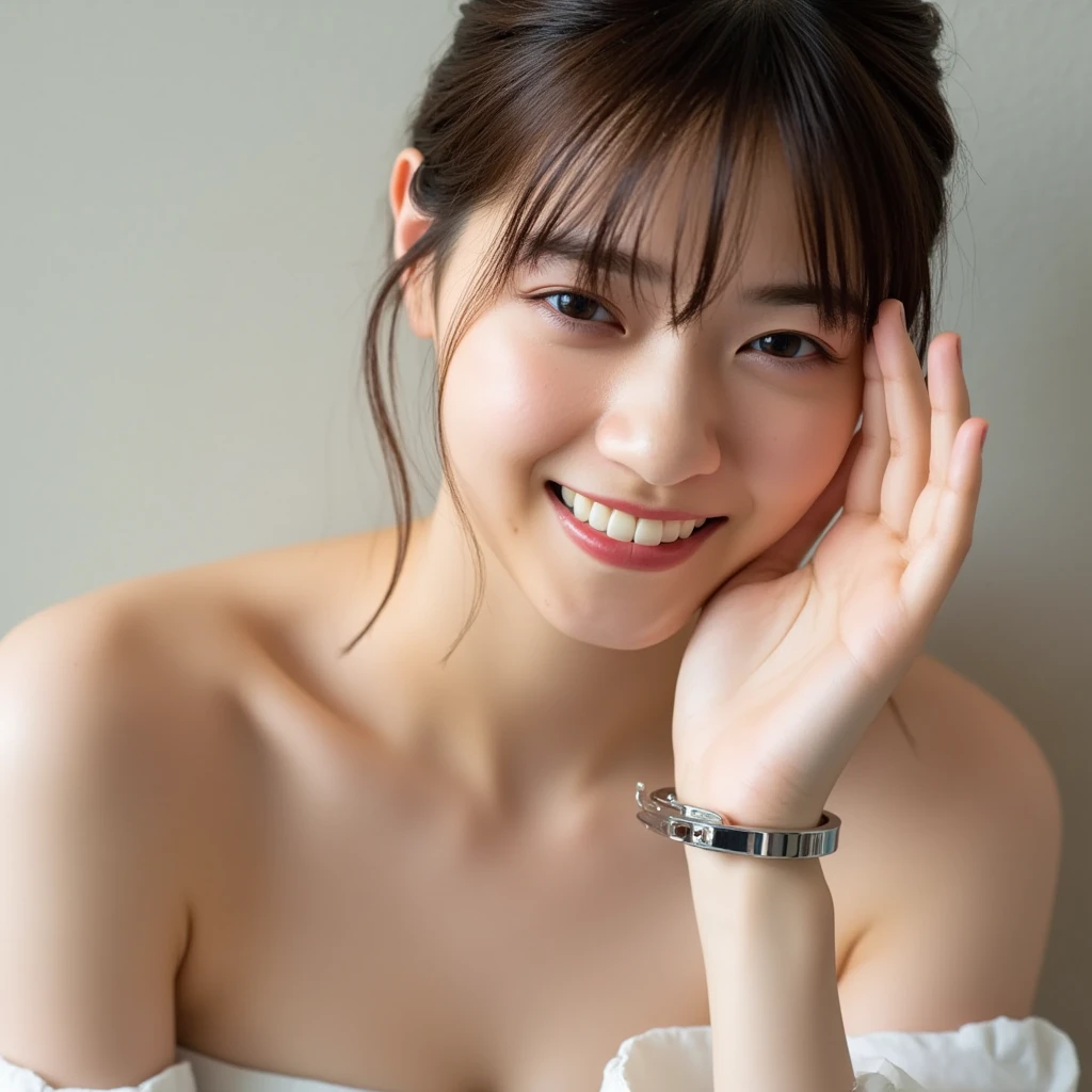 (A hyper-realistic), (illustratio), (hight resolution), (8K), (ighly detailed), (The best illustrations), (beatiful detailed eyes), (top-quality), (ultra-detailliert), (masterpiece), (wall-paper), (详细的脸), a bed、Upper body close-up,Armpit, A smile,Plump,独奏,Girl in tight white tank top, full of sweat, japanes, large full breasts, (camel's toe)、huge-breasted、Detailed, well-groomed white teeth、Ultimate Beauty、shot on the Canon EOS R 6、full of sweat、(beautiful detailed teeth)、Silver necklace、Park with sunshine、Perfect and beautiful female hands、Perfect tooth alignment、