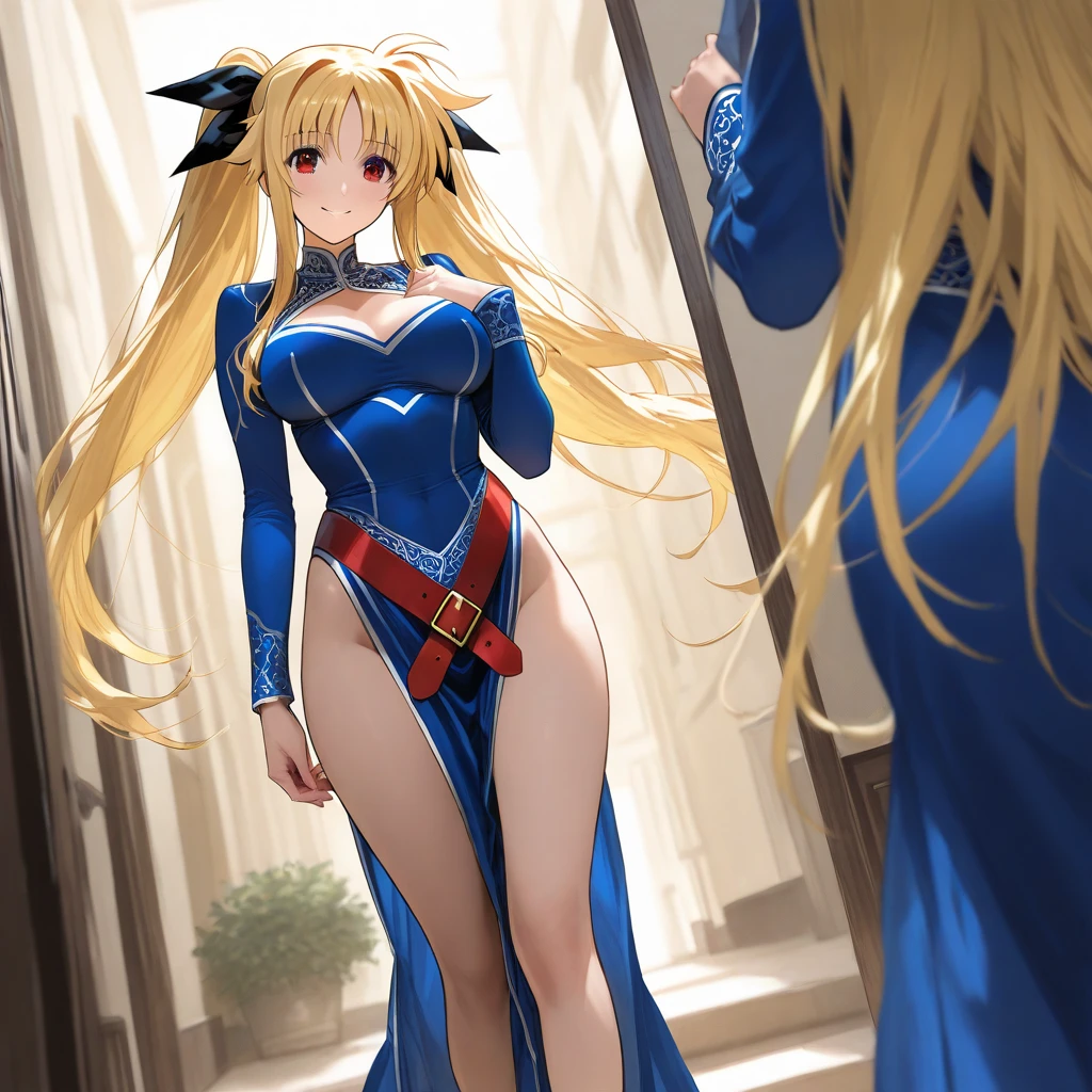 Vault-girl, vault 111 jumpsuit, 1girl, bursting breasts, breast expansion, large breasts, crossed arms, vibrant blue eyes, blushing, long blonde hair,