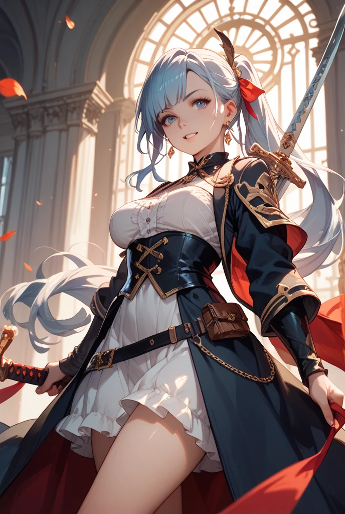 (masterpiece, best quality),  intricate details,
1girl,  <lora:yukihana_lamy_v1:0.8> aalamy, long hair, streaked hair, ahoge, braid, beret, white headwear, hair flower, blue bowtie,
 <lora:khorne:0.8> khorne, armor, skull,