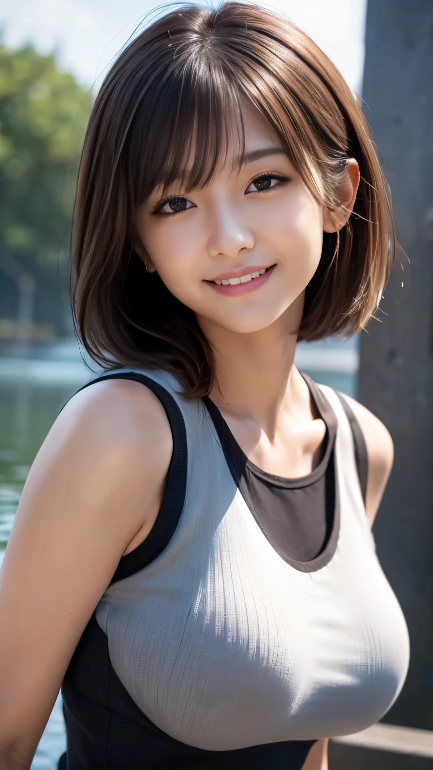 (An 18-year-old woman enjoying bass fishing in the river:1.5)、(Gentle smile:1.2)、(The best quality at its best:1.4), (Super detailed), (Very detailed CG unified 16k), Beautiful woman with perfect figure: 1.4, Sharp focus: 1.2, Very detailed, High-quality RAW color photos, Professional photography, Great face and eyes, cosmetics, (Amazingly beautiful girl), ((grey sweatpants、White tank top:1.5)), Sexy posture,(View from below), Realistic movie faces, Full body long view from head to toe, Realistic, ((Realistic natural orange red hairstyle)), ( Short Bob Hair:1.5), (necklace:1.5)、, Very beautiful face, Perfect model beauty, Mouth swelling, Highly detailed face and skin texture, Fine grain, double eyelid, Medium chest, smile, (masterpiece), highest quality, High resolution, Very detailed, Blurred Background, Depth of written boundary, Cinema Lighting, Great legs, , Clear, well-maintained skin,