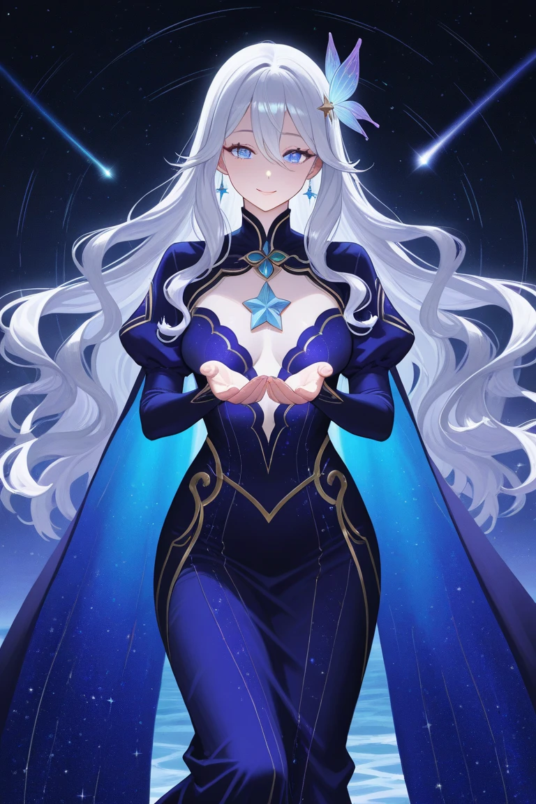 score_9, score_8_up, score_7_up, source_anime, 1girl, solo, silentmagician, white hair, red eyes, wizard hat, blue dress, hip vent, long sleeves, white gloves, tabard, pelvic curtain, lying on back, sexy expression, looking at you, magical background, blue and white sparkles, blue galaxy, white galaxy, from above