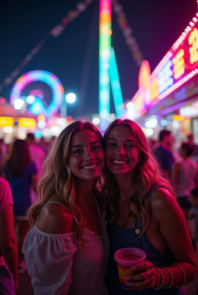 two beautiful brunette women are in an amusement park. on the swing carousel Well lit. joy. atmospheric light. Full body shot
