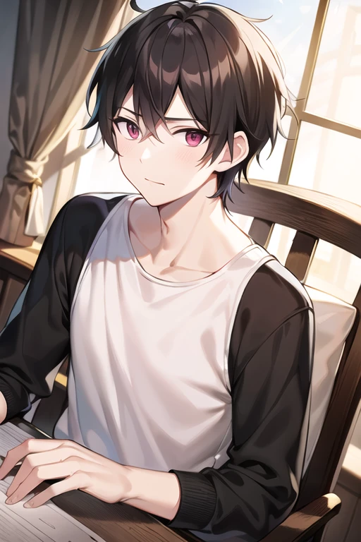 anime woman with a cigarette in front of a messy living room, adult female, short blond hair, black highlights in hair, pink eyes, messy blond hair, baggy clothing, disheveled, depressed, annoyed, perfect anatomy, best hands, perfect hands, best fingers, perfect fingers, beautiful detail, best detail, perfect detail, amazing detail, high detail, high quality, perfect quality, best quality