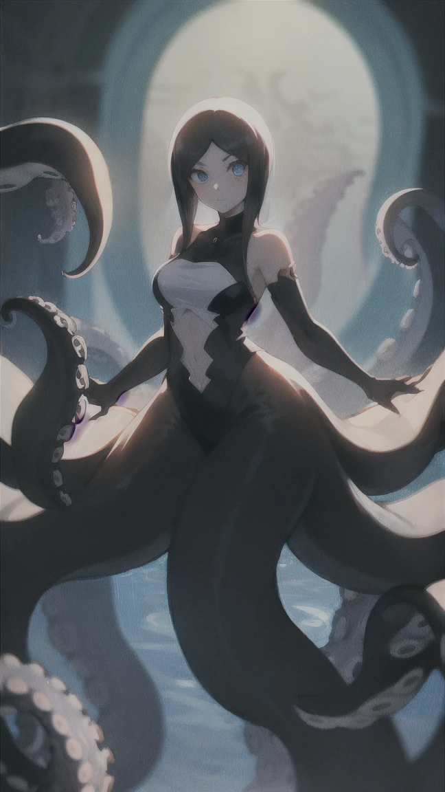 scyllacpt, squid, solo, 1girl, pensive, crossed arms, glittering light, Tuberose \(flower\), floral background