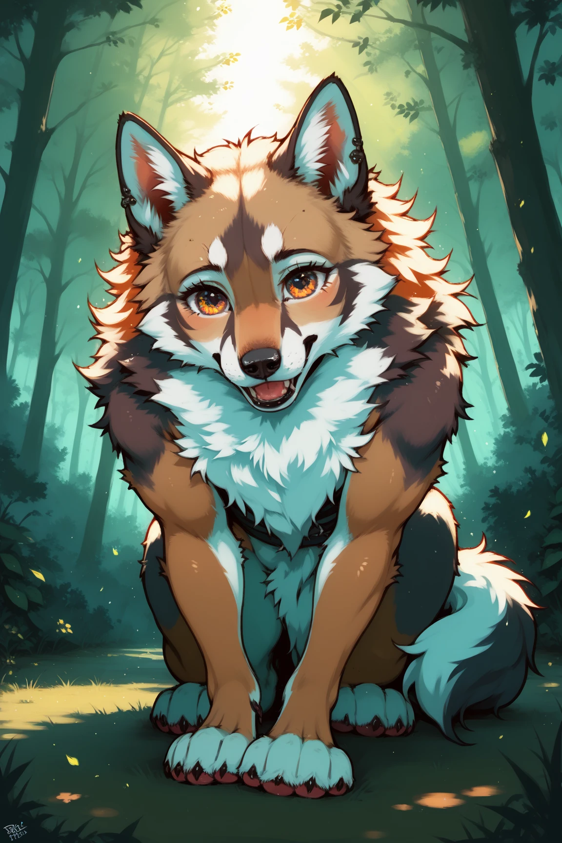 (by ozoneserpent:1.3, by Kenket:1.4, by the-minuscule-task:1.2, by zummeng:1.1):1.3, (anthro coyote, woman, featureless breasts, antrum, extremely detailed, extremely detailed legs, extremely detailed arms, extremely detailed face, perfectly detailed eyes, perfectly detailed anatomy):1.2, solo, perspective, adult, mature body, large body, curved thighs, gorgeous hips, curvature, (cute tail), (coyote ears, coyote fur, anthro face, coyote nose), smiling, mouth open, thick fur, dark orange multicolored fur, shiny fur, au natural, half-closed eyes, sly expression, looking slyly at you, chest focus, front perspective, front shot, full body shot, leaning, in the woods, being sly, beautiful grey eyes, outdoor setting, dark, Halloween ambience, romantic setting, night time, fall time, mist, magic in the air, moon rays filtered through trees, half moon, painterly, vibrant colors, ambient lighting, traditional style, depth of field,