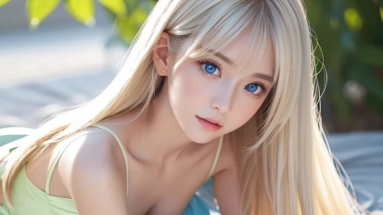 Transparent white glossy skin、Windy hair gets in the way in front of my cute face、huge boobs、20 year old cute sexy little beautiful face、Beautiful straight hair that stands out、big breasts, Shining light blue eyes、very big eyes、Long silky bangs covering cute eyes, Sexy Face Hide Hair Super Long Hair Sexy Cute Young Blonde Woman Long Blonde Shiny Bright Hair