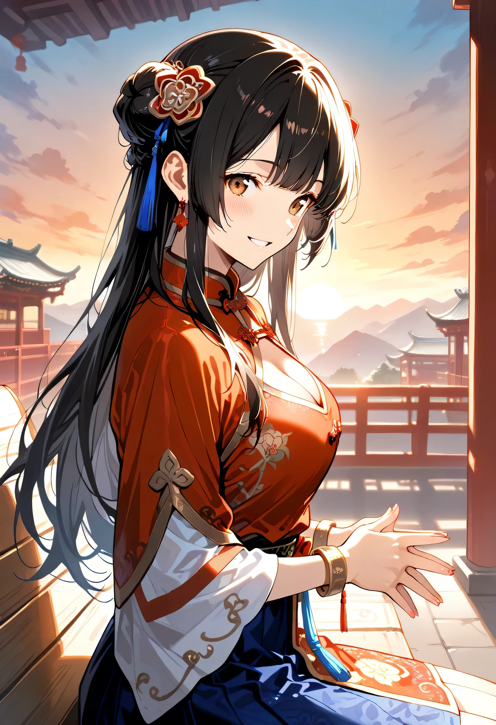score_9, score_8_up, score_7_up, source_anime, masterpiece, 1girl, solo, black hair, long hair, brown eyes, hair ornament, chinese clothes, cleavage, (girl with one gold bracelet), happy smile, blush, squint one's eyes, BREAK red clothes, sapphire color skirt, in the chinese garden, sitting on chinese bench, Sunset, steepled fingers, from side, looking at viewer, 