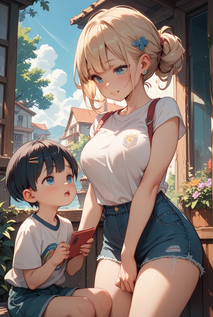 1,(1boy:1.5),-yeld:1.eenager,femboy,Libido boy,Female physiognomy,elf,(elf ears), (blonde archer),
little boittle boy,boy,d only,,1boy,magend)),
((blonde hair:1.5,short detailed hair,short blonde hair with a braid,braid adorned with white flowers)),(((turquoise_eyes:1.3))),intricate eyes,beautiful detailed eyes,symmetrical eyes,big eyes:1.5,child's chest,((kid body,a little chubby,good anatomy,accurate body proportions,detailed shota body for young boy:1.3,))),(thick thighs,wide hips,shota,1boy,young delicate prince), ((flat chested, flat stomach, baby face)),
((nsfw)),cute round butts)),sexy,((wet body)),torso shown,
((cheeky overalls shorts:1.5,overalls,jean overalls,cuffed overalls,shirtless:1.5,overalls over skin:1.5,bare shoulders,bare sleeves,bare arms)),(moon earrings),(tiny bulge on overalls),(steampunk turquoise bandages on arms),
(erotic pose:1.0),happy,soft smile,slight smile,(centered,scale to fit dimensions,Rule of thirds),facing forward,side cut,
victorian age railway station in background, ((steam locomotive in background:1.3)), victorian age, steampunk style,scenery:1.25,((intricate scenery)),((steampunk decorations)),
(Glossy steampunk ornaments),highres,sharp focus,(ultra detailed,extremely detailed),(photorealistic artwork:1.37),(extremely detailed CG unity 8k wallpaper),(((vibrant colors,vibrant theme))),(intricate),(masterpiece),(best quality),artistic photography,(photography taken by sldr),(intricate background),perfect rendered face,perfect face details,realistic face,photo realistic,((intricate detail)),(((realism))),
