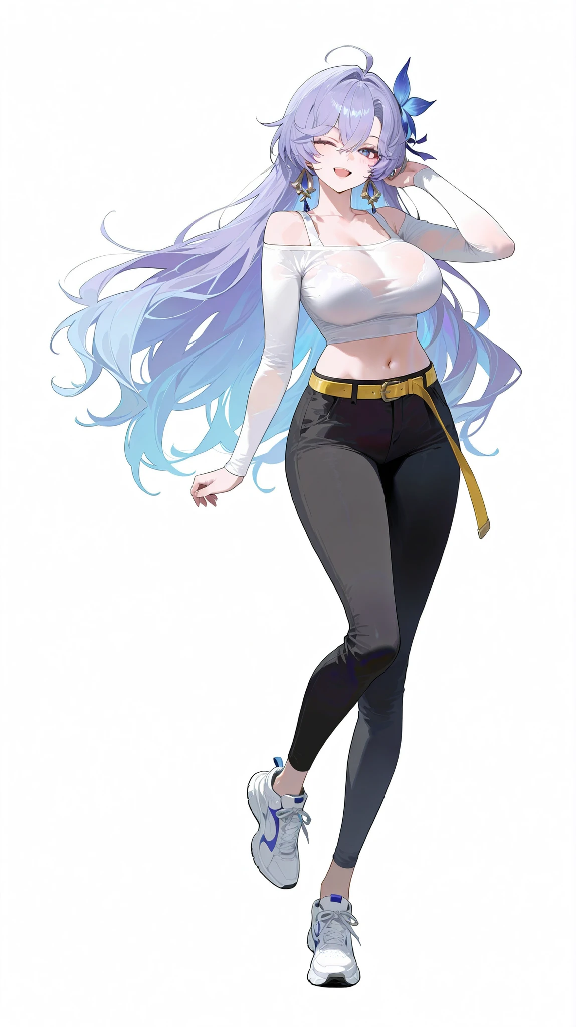 masterpiece, top quality, best quality, official art, beautiful and aesthetic:1.2),(8k, best quality, masterpiece:1.2), (((masterpiece))),(((best quality))),(((extremely detailed))), illustration, who, (masterpiece, top quality, best quality, official art, beautiful and aesthetic:1.2),(8k, best quality, masterpiece:1.2), cantarella \(wuthering waves\), white background, simple background, 1girl, virtual youtuber, solo, one eye closed, pants, breasts, white background, full body, belt, see-through, navel, shoes, black pants, standing on one leg, smile, hair ornament, yellow belt, simple background, looking at viewer, open mouth, stomach, standing, see-through shirt, shirt, white footwear, collarbone, off-shoulder, long sleeves, jewelry, sneakers, ahoge, big breasts, crop top, off-shoulder shirt, tank top