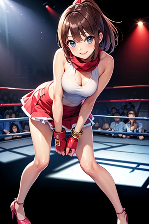 top-quality、extremely delicate and beautiful、(One Person)、(small tits)、Girly、Girly、(11years old girl)、(Dark hair)、(maikurobikini)、((poneyTail))、(red hairband)、(Brown boots)、A smile、professional wrestling、Crowd Circle View、professional wrestling、spectator seats、Crowd Circle View、Fights in professional wrestling、Fighting、Rise to the pinnacle of professional wrestling、Facing the front、Hands on the hips、Stand alone in the ring