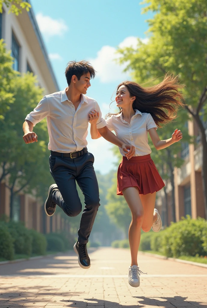 a couple in a park,enjoyable,heartwarming,affectionate,romantic atmosphere,sunny day,green grass,fresh air,blooming flowers,beautiful scenery,happy smiles,dressed in stylish clothes,hands held,walking leisurely,gentle breeze,clear blue sky,happiness and love,fond memories,togetherness,lasting bond,cherished moments,natural lighting,vibrant colors,soft shadows,lively details,artistic portrait,high-quality digital painting,ultra-realistic,finely crafted figures,expressive eyes and lips,intimate connection,cheerful and relaxed expressions,loving glances【best quality,ultra-detailed,realistic:1.37】,warm color tones,subtle highlights and contrast,glowing sunlight