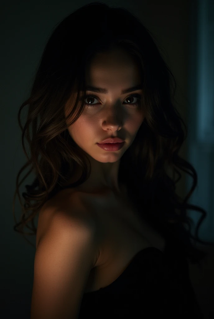 (Masterpiece) (best quality) (ultra detailed), from above view, a young girl, on her knees, looking straight up, medium breasts, no shirt, dark room, night time, minimal reflective glow, very dark