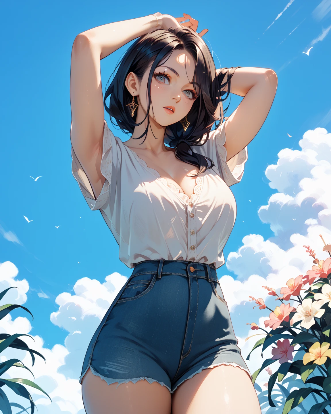 ((((Highest quality))))、(((Ultra-precision CG16K wallpaper)))、(((masterpiece)))、(((Super detailed)))、(((Extreme detail)))、((1Mature 29 year old woman:1.6))、((Very beautiful Japan face of a person))、((Urizane Face:1.8))、((Ponytail Straight Medium Hair:1.6))、(Shiny Hair)、A delicately drawn beautiful face、(Dark Eyes、Reflected light from the eye)、double eyelid、High nose、Small nostrils、Small Mouth、Seductive lips、Beautiful breasts、((C cup size breasts))、Cleavage、Small belly button、Delicate nails、Beautiful feet、Thin thighs、eight-headed body、Perfect proportions、Perfect Anatomy、Perfect composition、Beautiful detailed shading、Beautiful, natural lighting、Beautiful detail glow、Depth of written boundary、(((High chroma)))、(((Real:1.9)))、((vivid:1.5))、((Beautiful Skin))、((Skin Texture))、((Realな皮膚感))、(((Cowboy Shot:1.6)))、(((front view、shoot from front、front low angle:1.6)))、(((smile:1.6)))、(((looking at camera:1.6)))、Bright daylight、Natural light、(((background_Uninhabited downtown、Sky and Clouds:1.5)))、(Standing pose:1.6)、(((White lace tank top&Pleated mini skirt clothing:1.6)))、((necklace、Wearing earrings:1.5))、((Lace Stockings Clothed))、