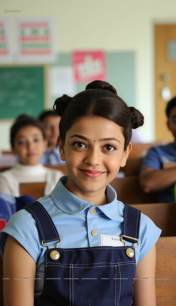 A realistic image of a very small tiny Kajal Aggarwal, showing her with soft, rounded facial features, chubby cheeks, and an innocent, joyful smile that reflects a playful, school-going . Her hair is styled in two simple ponytails tied with ribbons, neat and tidy. She is wearing a classic Indian school uniform: a light blue shirt with a navy blue pinafore and a name tag pinned neatly. She is holding the camera at arm’s length, with her right arm slightly visible, creating a natural selfie angle. The image is slightly tilted, with her expressive face looking into the lens with curiosity and joy. The background is a realistic school classroom with wooden desks, a chalkboard, educational posters, and soft daylight coming through the windows. The overall tone is natural and heartwarming, portraying a realistic hood version of Kajal Aggarwal in a typical school environment, without showing any phone in the frame.