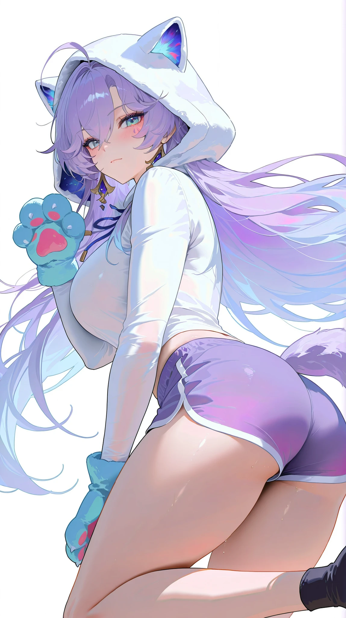 masterpiece, top quality, best quality, official art, beautiful and aesthetic:1.2),(8k, best quality, masterpiece:1.2), (((masterpiece))),(((best quality))),(((extremely detailed))), illustration, who, (masterpiece, top quality, best quality, official art, beautiful and aesthetic:1.2),(8k, best quality, masterpiece:1.2), cantarella \(wuthering waves\),  white background, simple background, 1girl, hood, solo, shorts, animal hands, tail, long hair, ass, looking at viewer, thighs, ahoge, white hood, hood, blush, alternative costume, breasts, purple shorts, gloves, closed mouth, long sleeves, simple background, ankle gloves, white background, hoodie, animal ears, shorts, dolphin shorts, hair between the eyes, thongs, flying sweats, animal hood