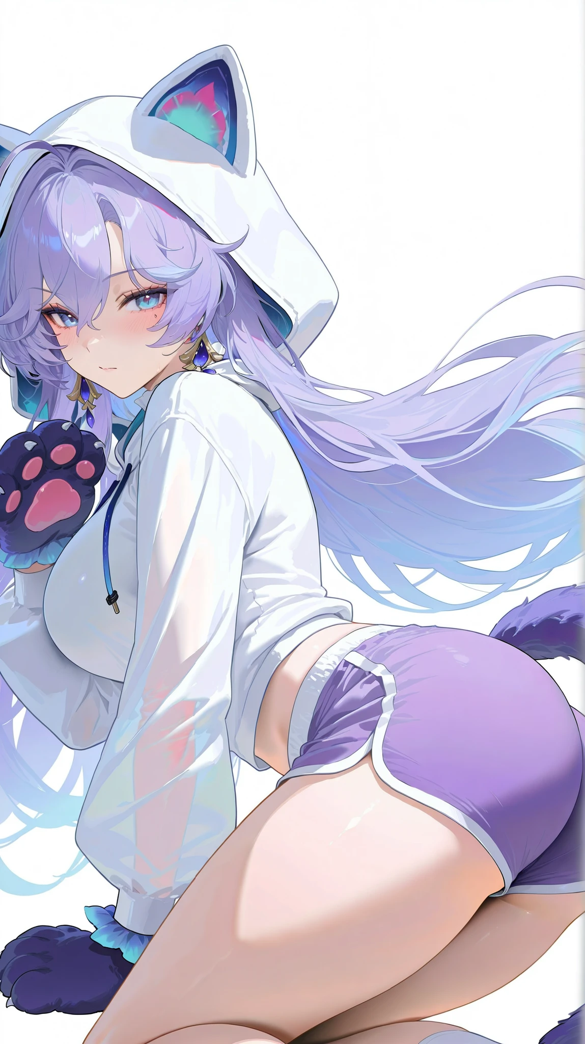 masterpiece, top quality, best quality, official art, beautiful and aesthetic:1.2),(8k, best quality, masterpiece:1.2), (((masterpiece))),(((best quality))),(((extremely detailed))), illustration, who, (masterpiece, top quality, best quality, official art, beautiful and aesthetic:1.2),(8k, best quality, masterpiece:1.2), cantarella \(wuthering waves\), white background, simple background, 1girl, hood, solo, shorts, animal hands, tail, long hair, ass, looking at viewer, thighs, ahoge, white hood, hood, blush, alternative costume, breasts, purple shorts, gloves, closed mouth, long sleeves, simple background, ankle gloves, white background, hoodie, animal ears, shorts, dolphin shorts, hair between the eyes, thongs, flying sweats, animal hood