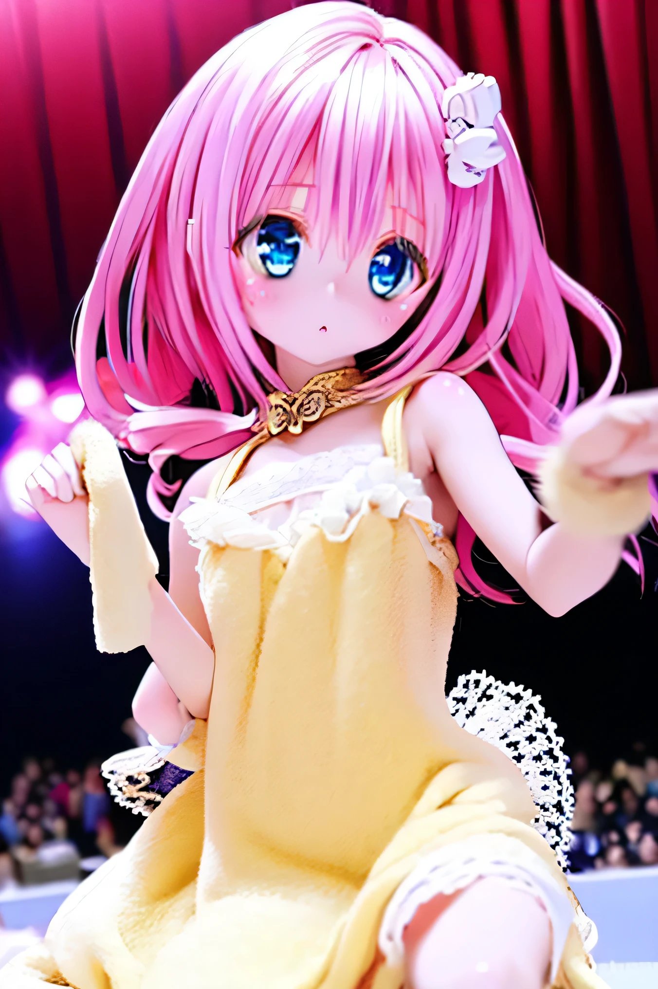 ToLOVE、Lara, beautiful blonde girl、in the Imperial Court、clean atmosphere、Graceful Poses、Delicate skin、Blue Eyes、 Light dress 、soft light、 warm space、delicate texture、 delicate touch 、realistic、4K Rendering、high quality、photorealistic、professional on stage floor、vivid color、Bokeh、pink hair、hair ornament