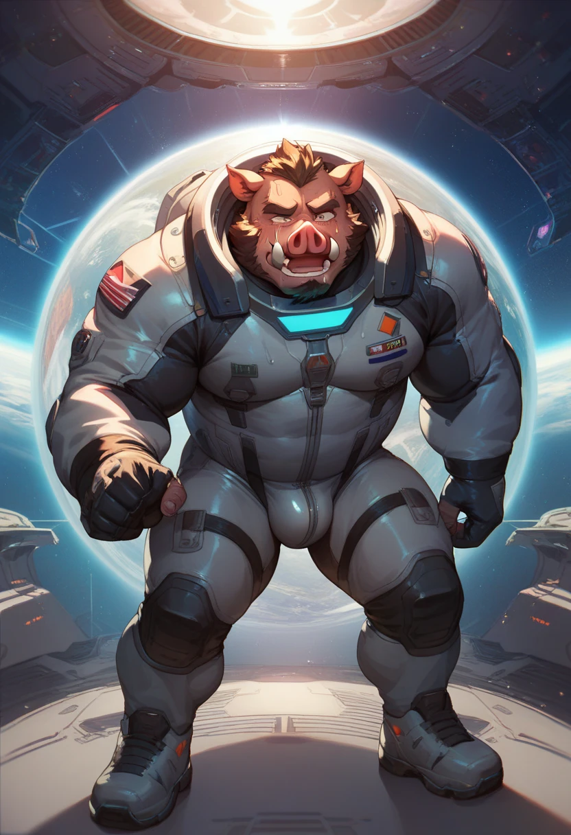(cute, fat, obese, anthro, male, bull), full body, smile, squatting, space, spaceship, window, (((red briefs, red tank top))), hires textures, highly detailed, intricate details, best quality, masterpiece, ambience lighting, detailxl, zPDXL2