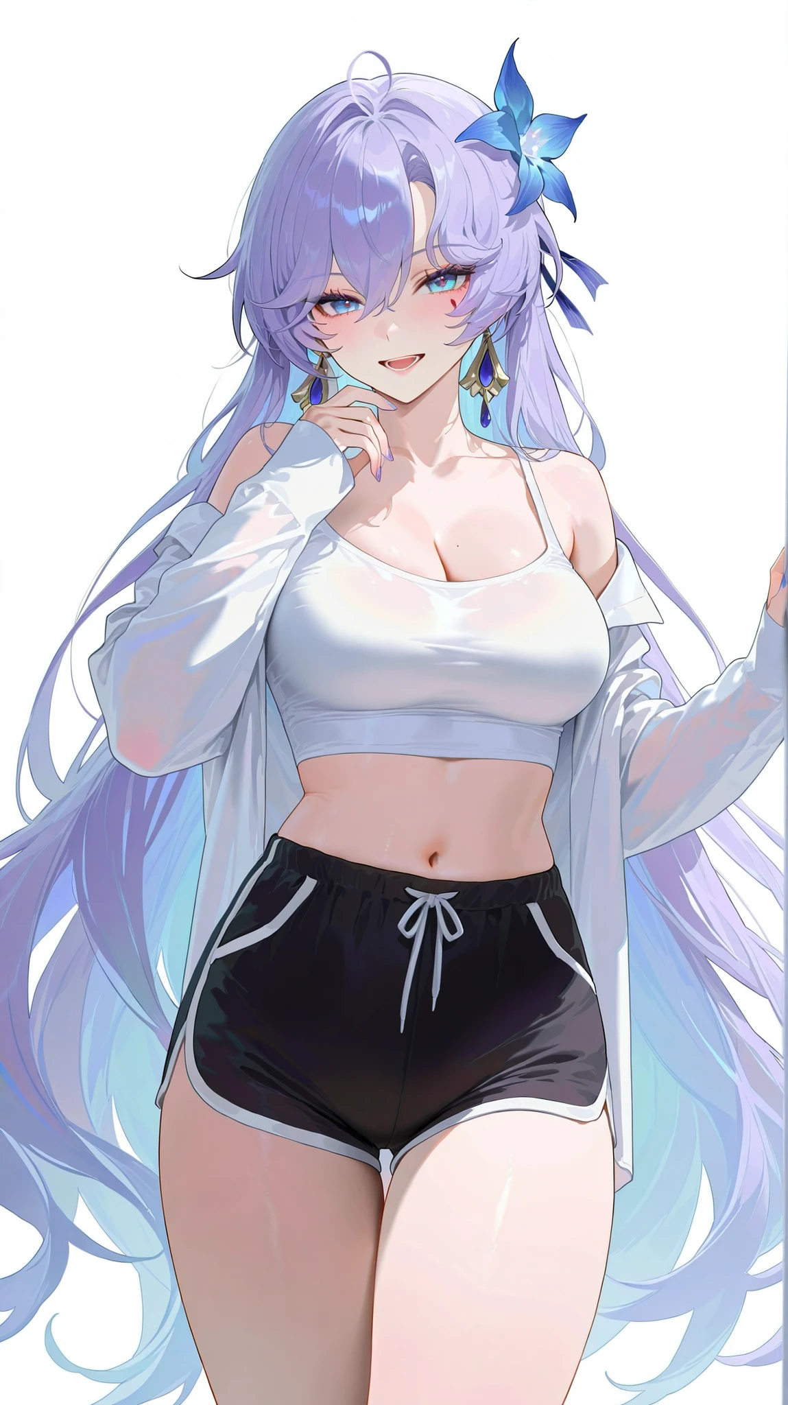 masterpiece, top quality, best quality, official art, beautiful and aesthetic:1.2),(8k, best quality, masterpiece:1.2), (((masterpiece))),(((best quality))),(((extremely detailed))), illustration, who, (masterpiece, top quality, best quality, official art, beautiful and aesthetic:1.2),(8k, best quality, masterpiece:1.2), cantarella \(wuthering waves\), white background, simple background, 1girl, breasts, solo, shorts, long hair, navel, hair flower, shirt, white background, hair ornament, very long hair, looking at viewer, thighs, cleavage, belly, shorts, dolphin shorts, simple background, crop top, black shorts, smile, open clothes, belly, long sleeves, alternative costume, sleeves past wrists, open mouth, off shoulder, ahoge, medium breasts, white shirt, open shirt, cowboy shot, nail polish, hands up, standing, bones crotch, thigh gap, bare shoulders