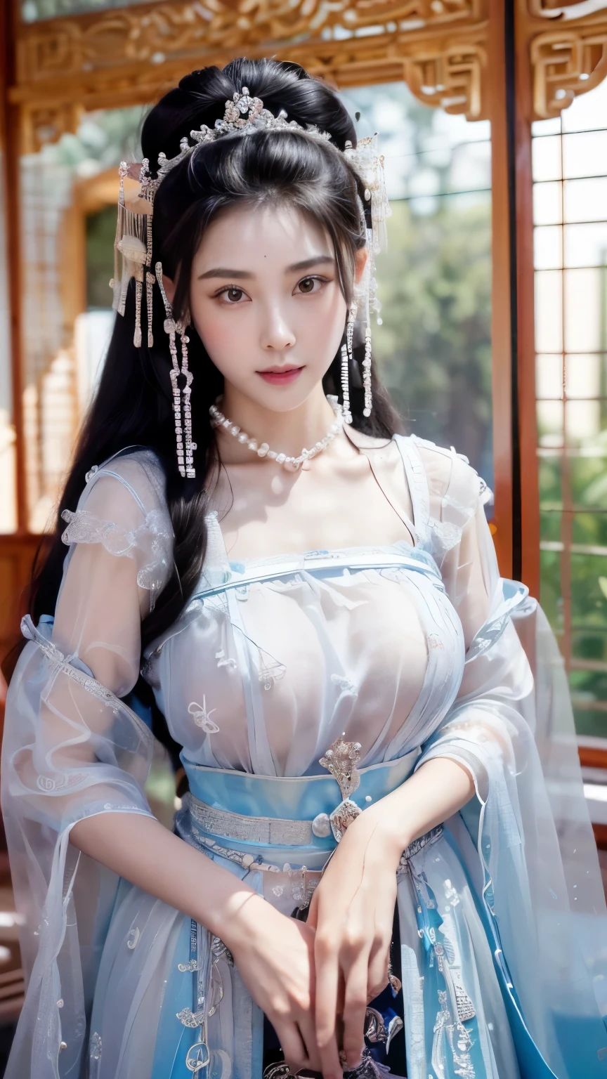 masterpiece, best quality, 1 girl, ((Large Breasts)， (Siamese transparent black silk)，(On clothes，There are pearls)，Looking at the audience, (precise、Perfect face shape:1.3)，（Beautiful fingers），(Crotch front display)，Ultra HD，Ray Tracing,，reflected light， Correct structure，The award-winning，High Detail，Reduce shadow contrast，Facial lighting ，Cinema Lighting，masterpiece，Super Detail，high quality，High Detail， best quality，16K，High contrast，A young woman plays, Chinese Empress, yun ling, song nan li, , gujian,  zhao yun, Chinese Princess