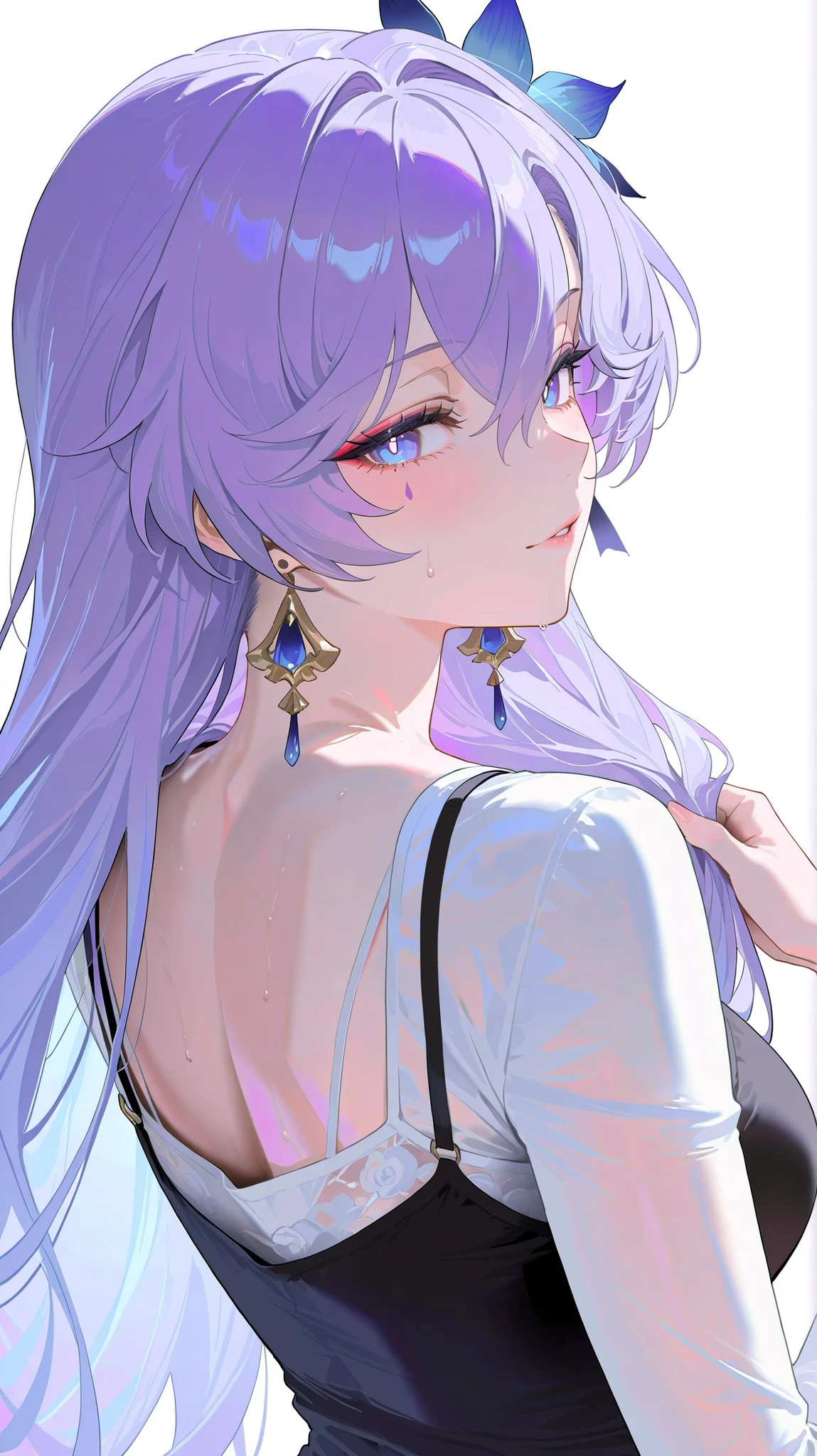 masterpiece, top quality, best quality, official art, beautiful and aesthetic:1.2),(8k, best quality, masterpiece:1.2), (((masterpiece))),(((best quality))),(((extremely detailed))), illustration, who, (masterpiece, top quality, best quality, official art, beautiful and aesthetic:1.2),(8k, best quality, masterpiece:1.2), cantarella \(wuthering waves\), white background, simple background, 1girl, solo, long hair, white background, looking at viewer, simple background, shirt, from behind, looking back, bright pupils, hair ornament, camisole, upper body, black camisole, hairpin, nape, long sleeves, white shirt, alternative costume, very long hair, hands in hair, sweat