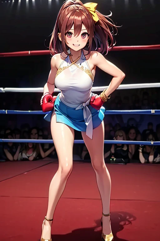 top-quality、extremely delicate and beautiful、Teen Girls、small tits、((((Solo Girl))))、11years old girl、(dark brown hair)、((((maikurobikini))))、((((poneyTail))))、(white hairband)、(Brown boots)、blue eyess、is standing、A smile、professional wrestling、Crowd Circle View、professional wrestling、spectator seats、Crowd Circle View、Fights in boxing、Fighting、Facing the front、Stand alone in the ring、(((Boxing gloves)))