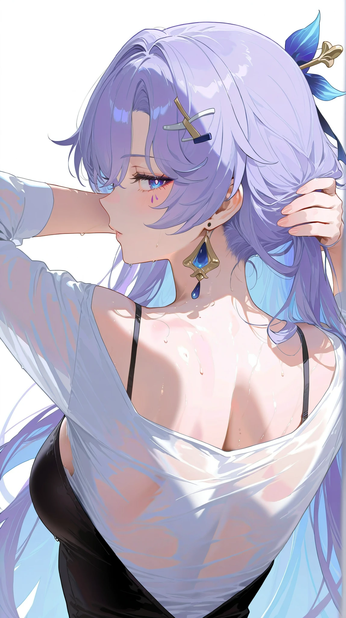 masterpiece, top quality, best quality, official art, beautiful and aesthetic:1.2),(8k, best quality, masterpiece:1.2), (((masterpiece))),(((best quality))),(((extremely detailed))), illustration, who, (masterpiece, top quality, best quality, official art, beautiful and aesthetic:1.2),(8k, best quality, masterpiece:1.2), cantarella \(wuthering waves\), white background, simple background, 1girl, solo, long hair, white background, looking at viewer, simple background, shirt, from behind, looking back, bright pupils, hair ornament, camisole, upper body, black camisole, hairpin, nape, long sleeves, white shirt, alternative costume, very long hair, hands in hair, sweat