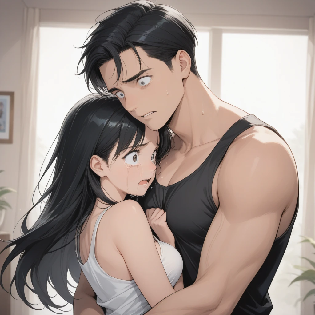 A young short girl and a big muscular black man, A girl wearing a large plain pink T-shirt、Open the front door and look at the viewer while seducing them, Thin thighs,
, , (Wicked Smile:1.2), Off the shoulder, Short sleeve、No underwear、Black Hair, Sunburn, Saucy, blush,
Half-naked muscular black man puts his hand on girl's shoulder, The face of a drug-addled man、A face-breaking, absurd solution, Very detailed, Highest quality, Cute illustrations,((steam,sweat,))、Half naked big muscular black man and girl cuddle