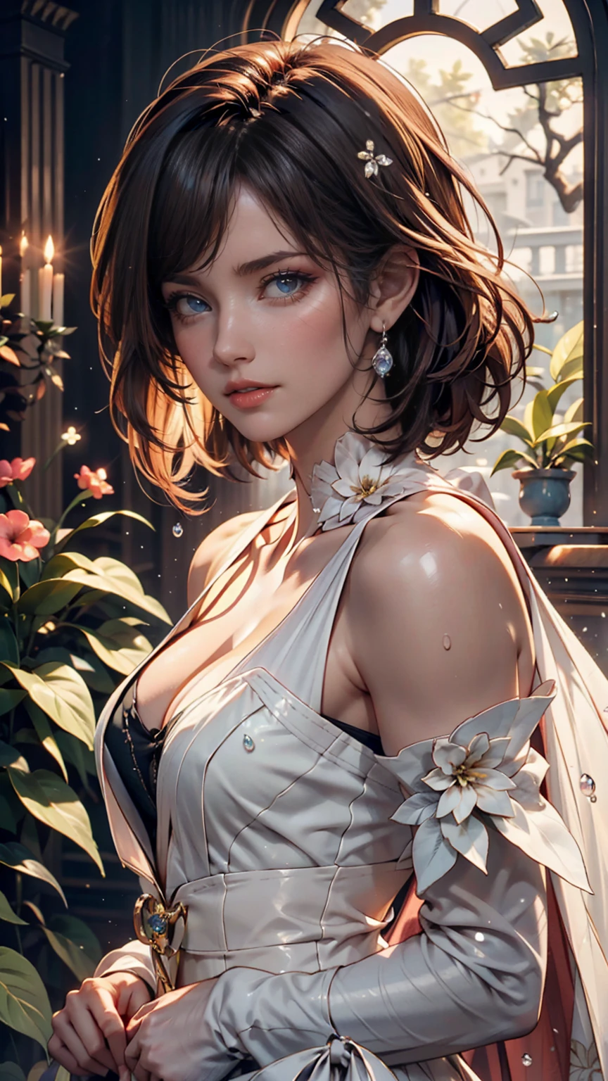 absurdres, RAW photo, extremely delicate and beautiful, masterpiece, Best Quality, ultra high resolution, 32k, hyperrealistic, ultra-detailed, detailed description, pale skin, 20 years old, detailed beautiful face and eyes, tearful mole, earring, Colossal tits, short medium hair, wavy hair, full body shot, alone, Victorian, dress,